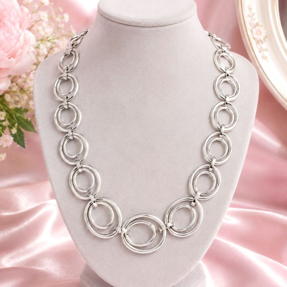 Graduated Silver Tone Double Oval Link Statement Necklace 16"